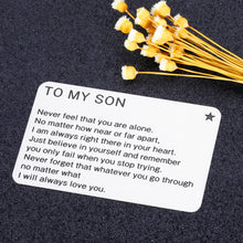 Load image into Gallery viewer, Son Gifts Wallet Card Insert from Mom Dad Inspirational Birthday Graduation Christmas for Teen Boys College Stepson Valentines Day Fathers Day Engraved Metal Wallet Card for Men Adult Him