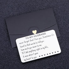 Load image into Gallery viewer, Husband Gifts from Wife Wallet Card Insert Gift Birthday Valentines Day Wedding Anniversary Metal Wallet Card for Him Men Hubby Christmas Engagement Long Distance Card Present for Groom Fiance