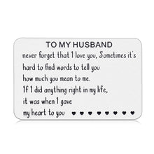 Load image into Gallery viewer, Husband Gifts from Wife Wallet Card Insert Gift Birthday Valentines Day Wedding Anniversary Metal Wallet Card for Him Men Hubby Christmas Engagement Long Distance Card Present for Groom Fiance