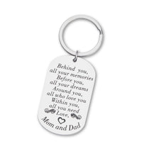 Load image into Gallery viewer, New Journey Keychain Inspirational Gifts for Him Her Teens Students from College High School Keyring for Daughter Son Behind You All Your Memories Mom Dad
