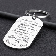 Load image into Gallery viewer, New Journey Keychain Inspirational Gifts for Him Her Teens Students from College High School Keyring for Daughter Son Behind You All Your Memories Mom Dad