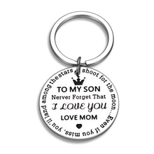 Load image into Gallery viewer, Inspirational Son Keychain from Mom Birthday Graduation Never Forget That I Love You Shoot for the Moon Key Chain Back to School for Teen Boys from Mother Stepmom
