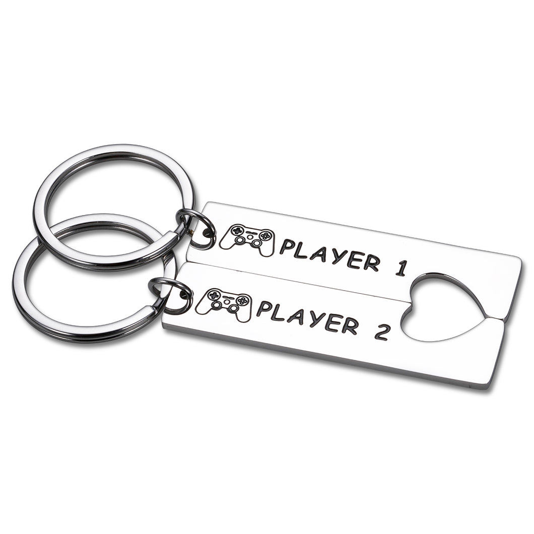 Funny Gamer Couple Gifts Player 1 Player 2 Keychain 2PCS for Boyfriend Girlfriend Valentine Birthday Anniversary Gift for Husband Wife Fiance Matching Christmas Present for Him Her