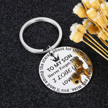 Load image into Gallery viewer, Inspirational Son Keychain from Mom Birthday Graduation Never Forget That I Love You Shoot for the Moon Key Chain Back to School for Teen Boys from Mother Stepmom
