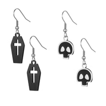Load image into Gallery viewer, Earrings Gift for Women Halloween Skull And Coffin Pendant Hollow Cross Inside Earrings 2 Pairs Stainless Steel Classic Gothic in Raven Black Jewelry Earrings for Girls Her
