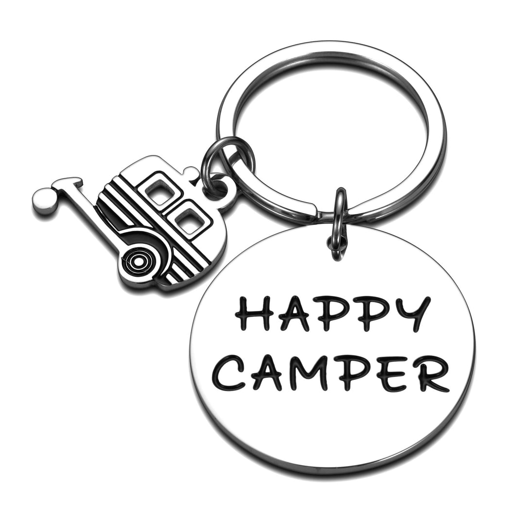 Camper Keychain Gifts for RV Camper Trailer Vacation Happy Camper Gifts for Friends Couples Women Men Camping Lovers Outdoor Present Keepsake Jewelry for Him Her