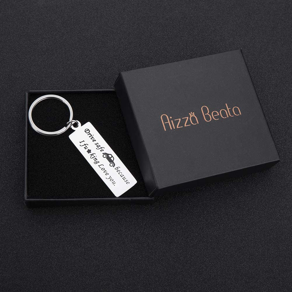 Drive Safe Keychain Gift For Him - Stainless Steel Message Keyring - Birthday, Christmas, Valentine's Day